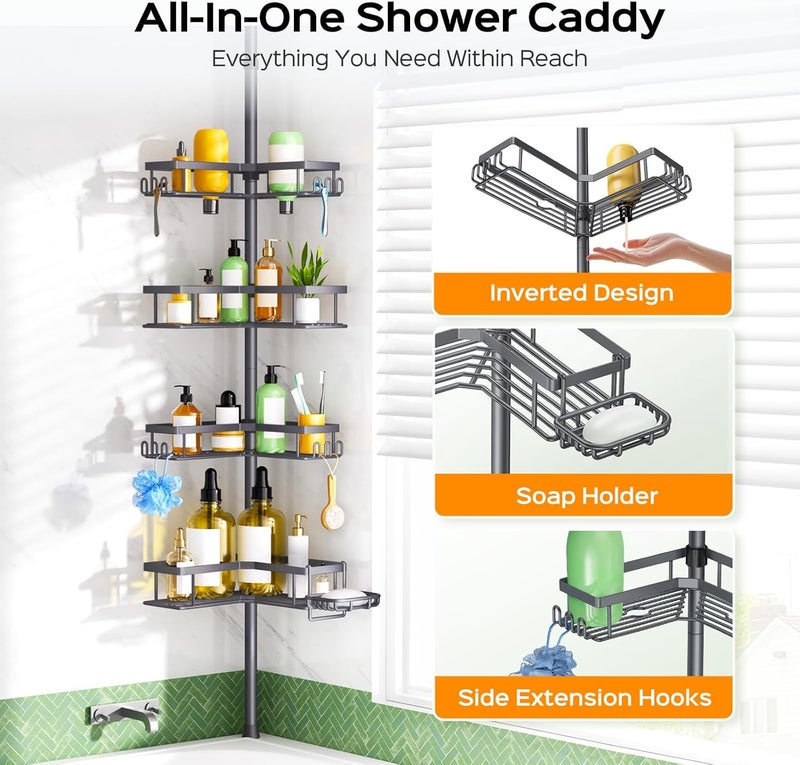 HAMITOR Corner Bathroom Shower Caddy: 4-Tier Rustproof Shampoo Organizer Shelf with Soap Holder - No-Drill Adjustable Standing Tension Pole Rack for Family Homeowners - Space-Saving - 47-123 Inch Gray - Image 5